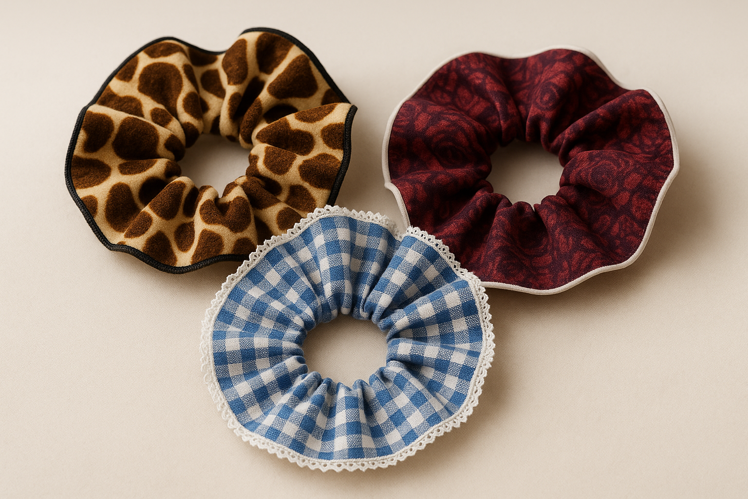 plusieurs chouchous apparaissent : 1 poil court motif girafe avec la finition en passepoil noir, 1 vichy bleu et blanc avec de la dentelle autour blanche, et 1 motif pérou dans les roses rouges violet avec liseré blanc